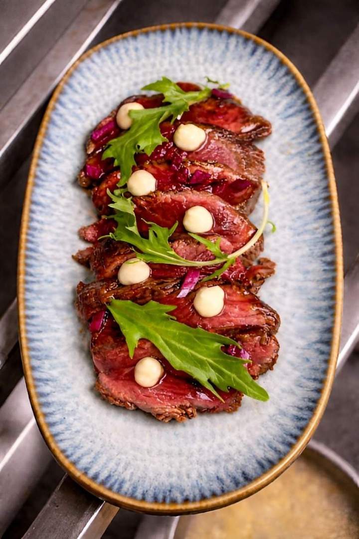 Tataki de Bœuf, saké, raifort et mizuna Périgueux